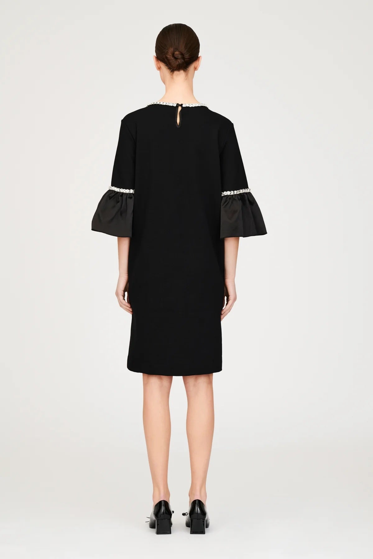 Gala Noir Knee Length Dress With Ruffle Sleeves