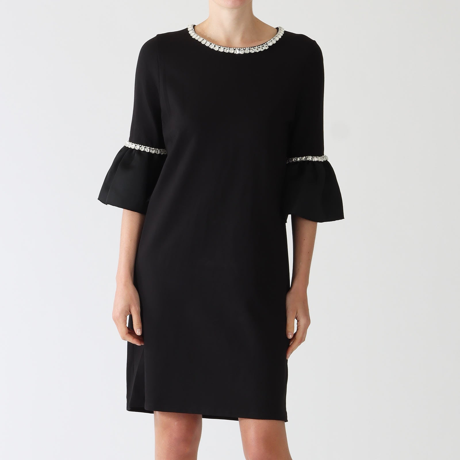 Gala Noir Knee Length Dress With Ruffle Sleeves