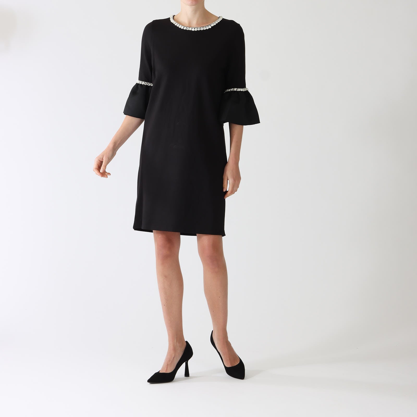 Gala Noir Knee Length Dress With Ruffle Sleeves