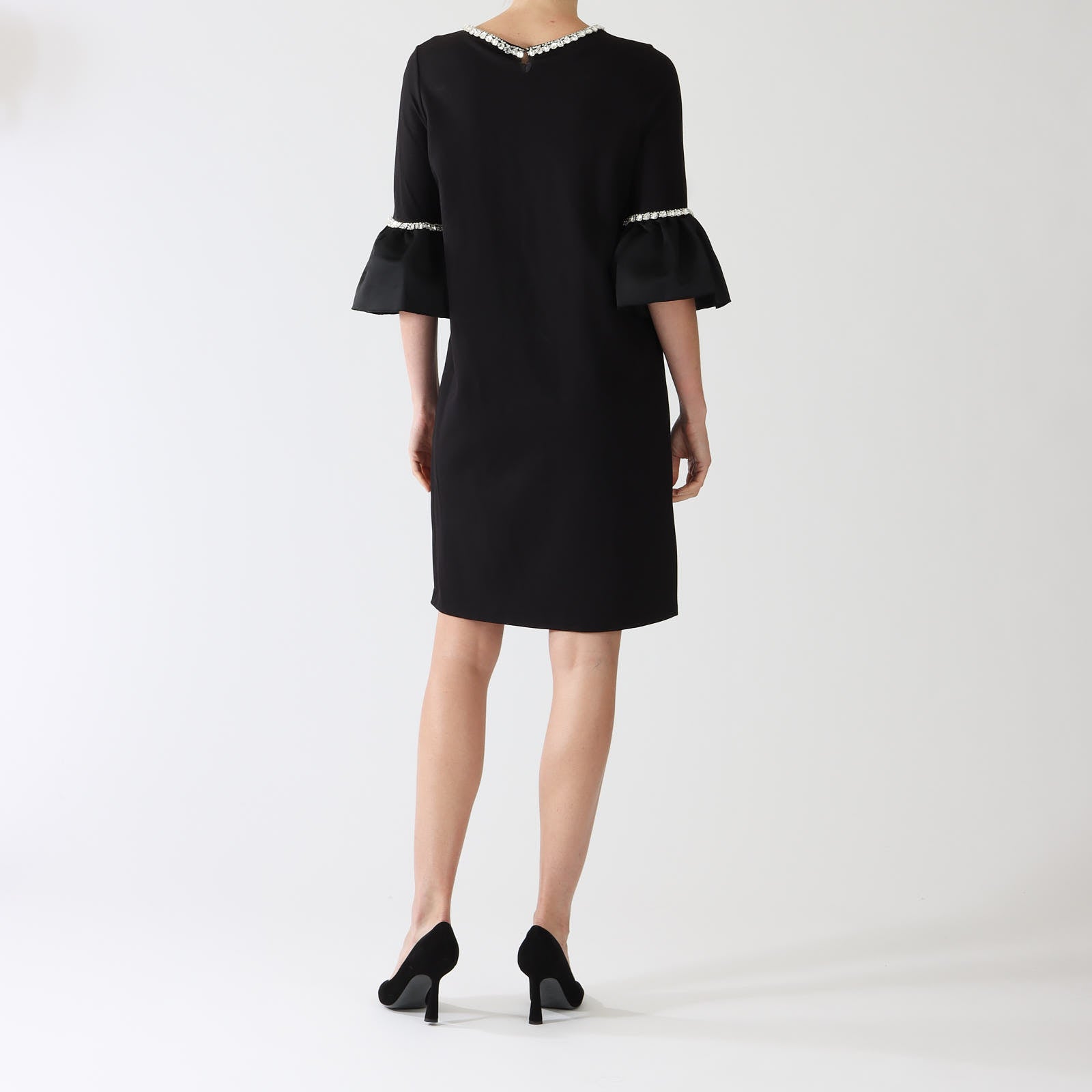 Gala Noir Knee Length Dress With Ruffle Sleeves