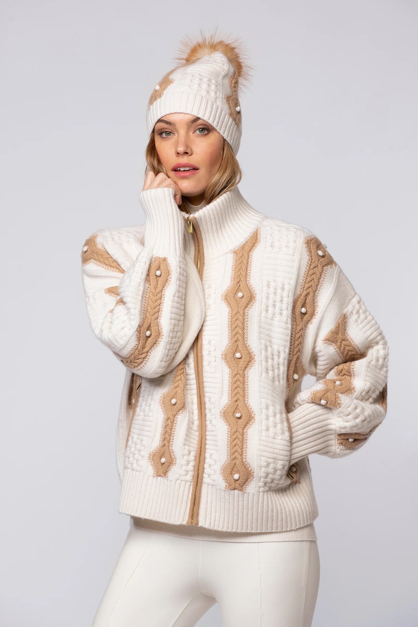 Gilda White Fancy Knit Zipped Cardigan