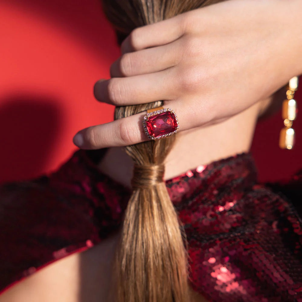 Gold Lydia Mulberry Red Crystal Cocktail Ring