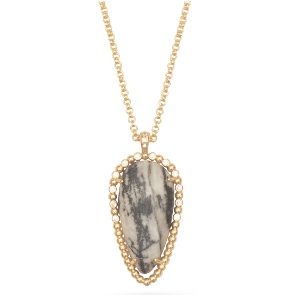 Gold Oval Meshy Stone Pendant Necklace