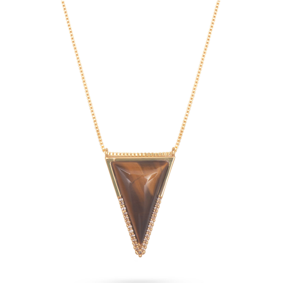 Gold Triangle Tiger Eye Stone Pendant Necklace