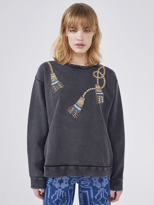 Grey Acid Wash Beaded Tassel Sweatshirt