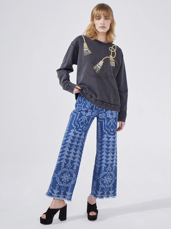 Grey Acid Wash Beaded Tassel Sweatshirt