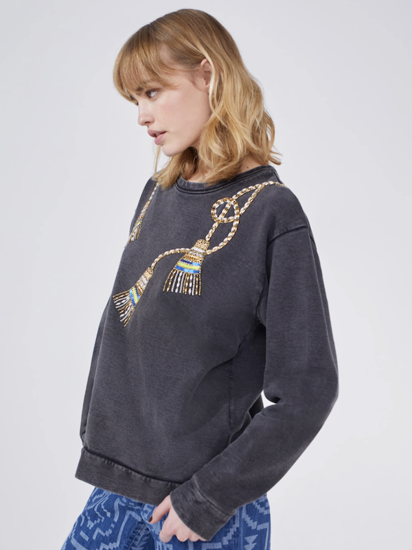 Grey Acid Wash Beaded Tassel Sweatshirt