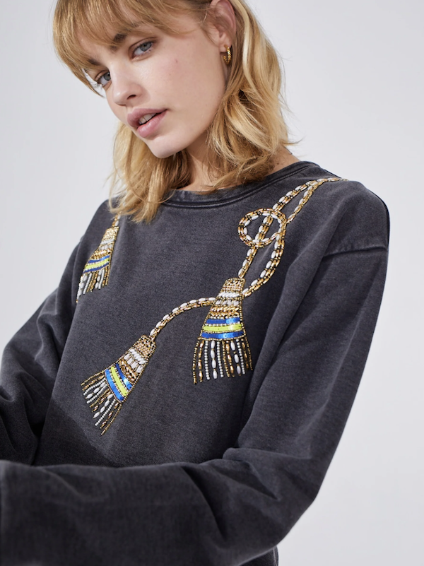 Grey Acid Wash Beaded Tassel Sweatshirt