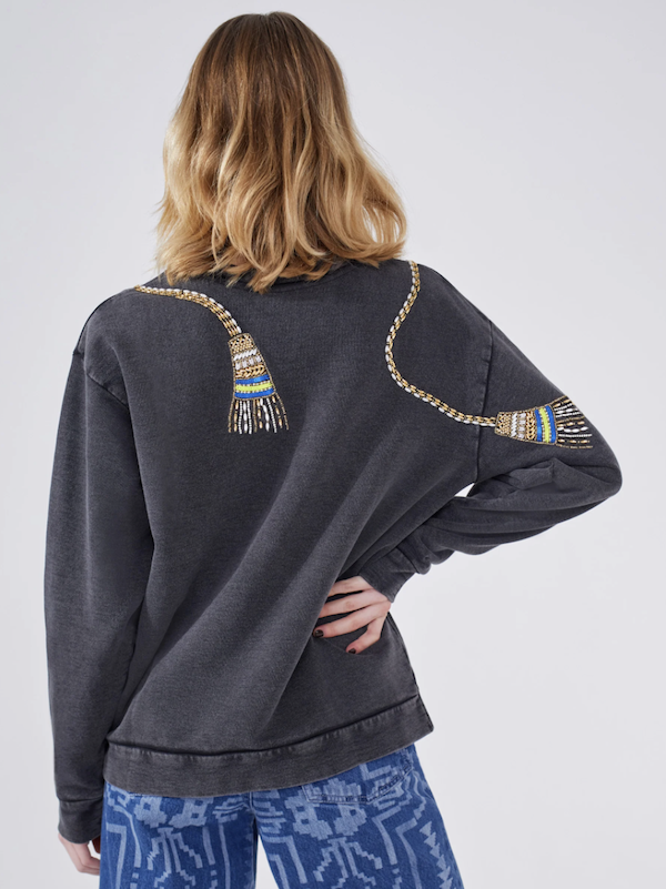 Grey Acid Wash Beaded Tassel Sweatshirt