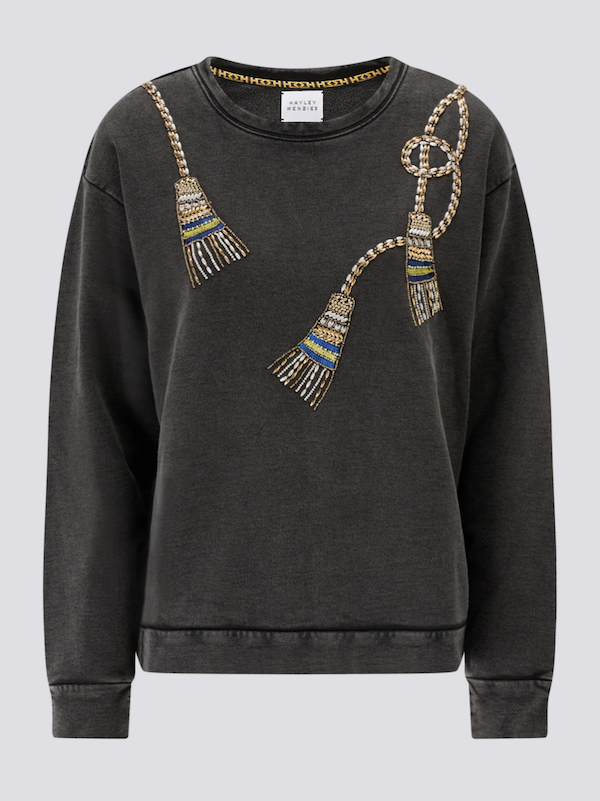 Grey Acid Wash Beaded Tassel Sweatshirt