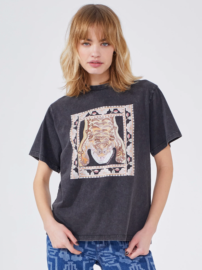 Grey Acid Wash Lotus Tiger Print T-Shirt