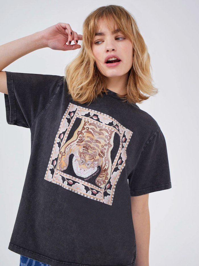 Grey Acid Wash Lotus Tiger Print T-Shirt