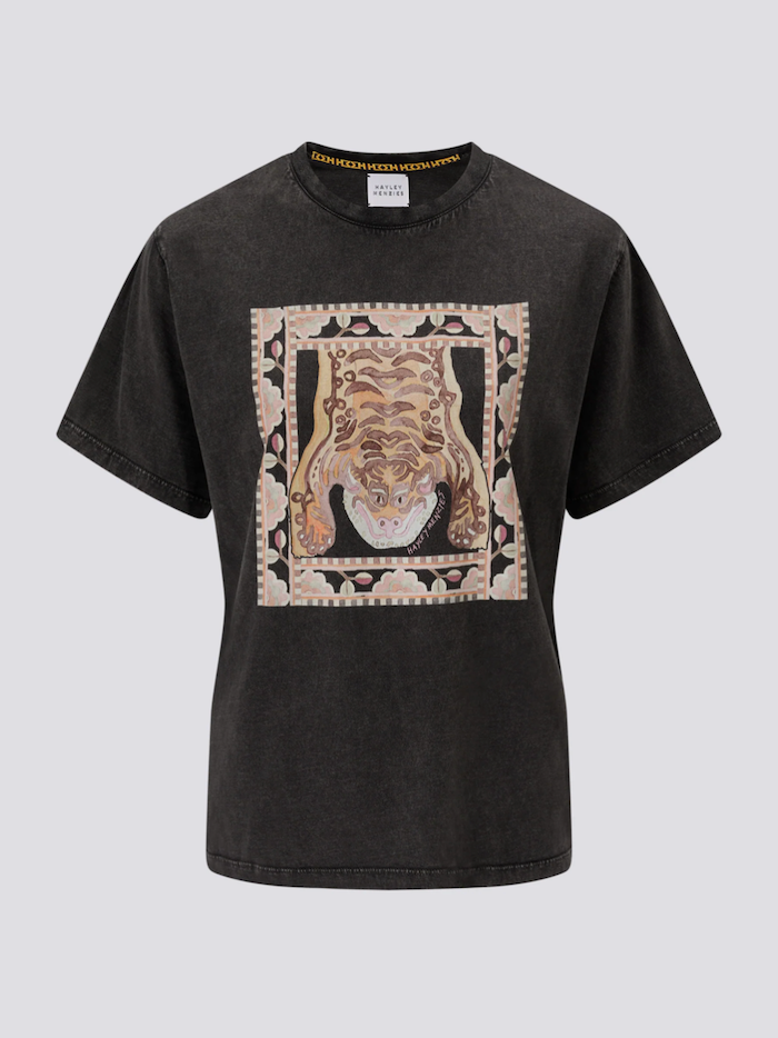 Grey Acid Wash Lotus Tiger Print T-Shirt