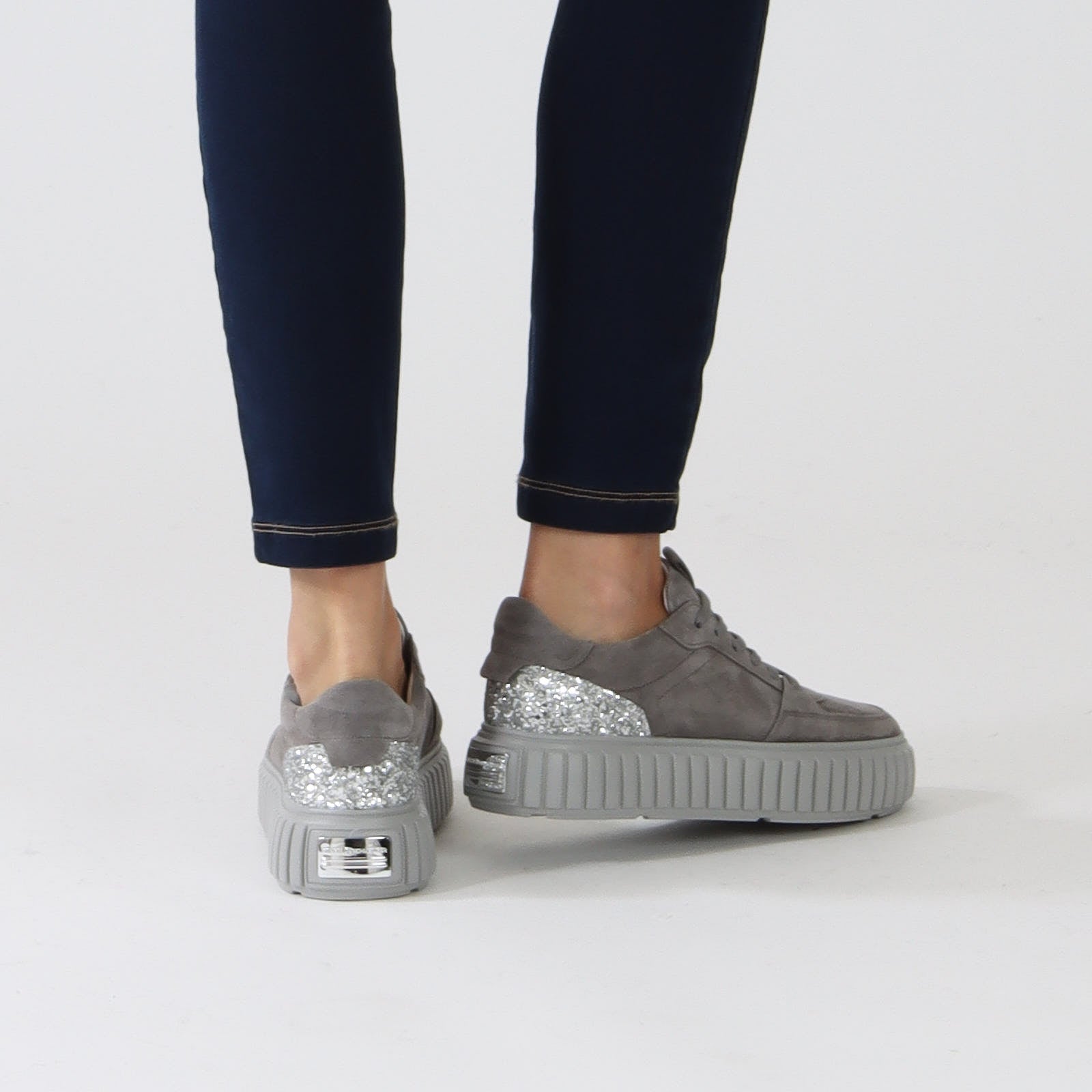 Grey Suede Sneakers With Glitter Heel