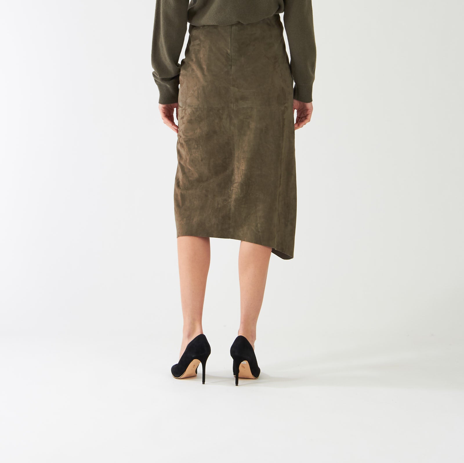 Greyish Khaki Velour Ruched Midi Skirt