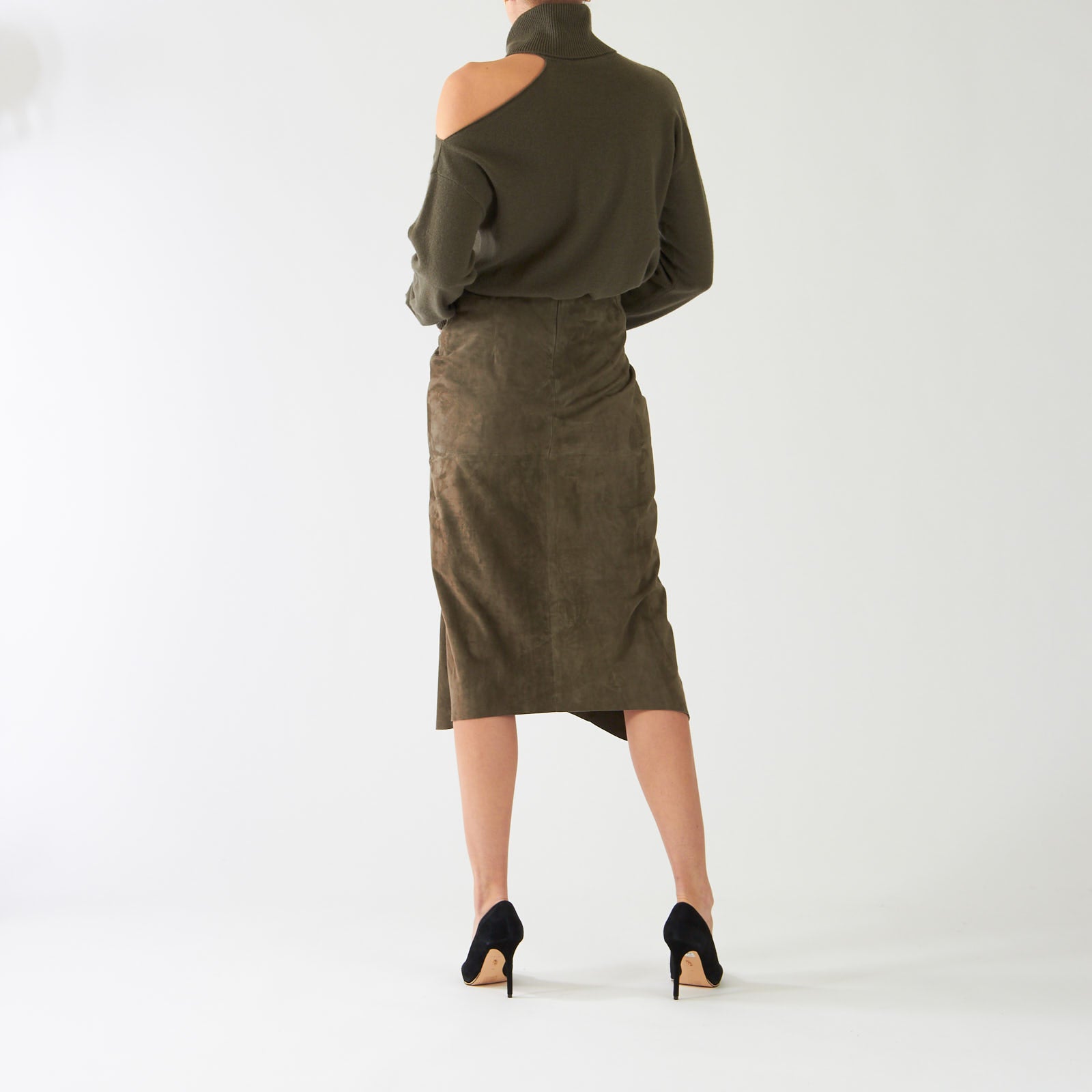 Greyish Khaki Velour Ruched Midi Skirt