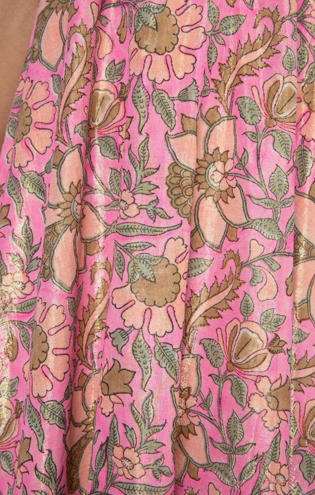 Hot Pink & Coral Lame Floral Midi Dress