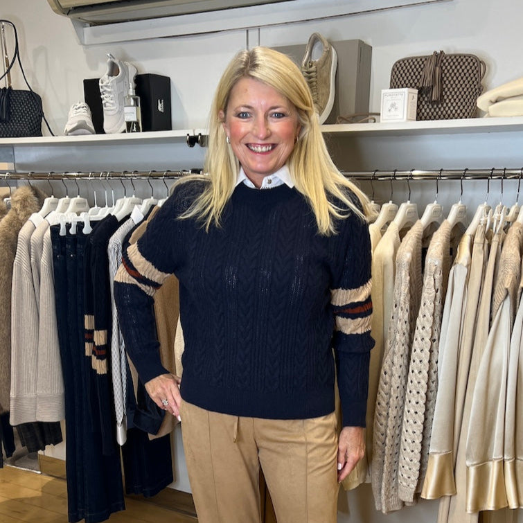 Blu Cable Knit Cashmere Sweater With Striped Elbows