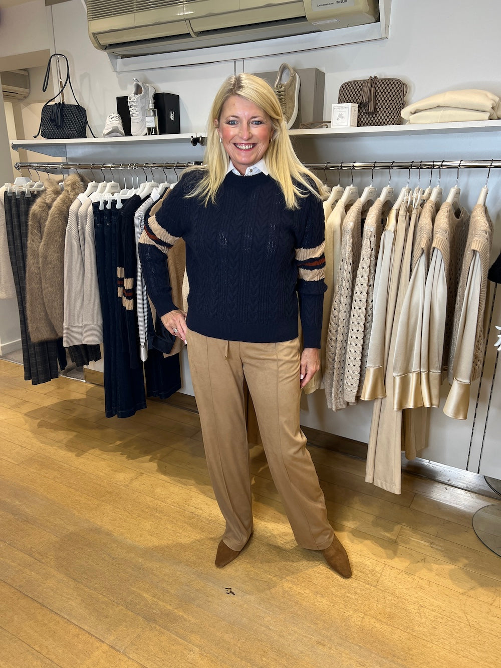 Blu Cable Knit Cashmere Sweater With Striped Elbows