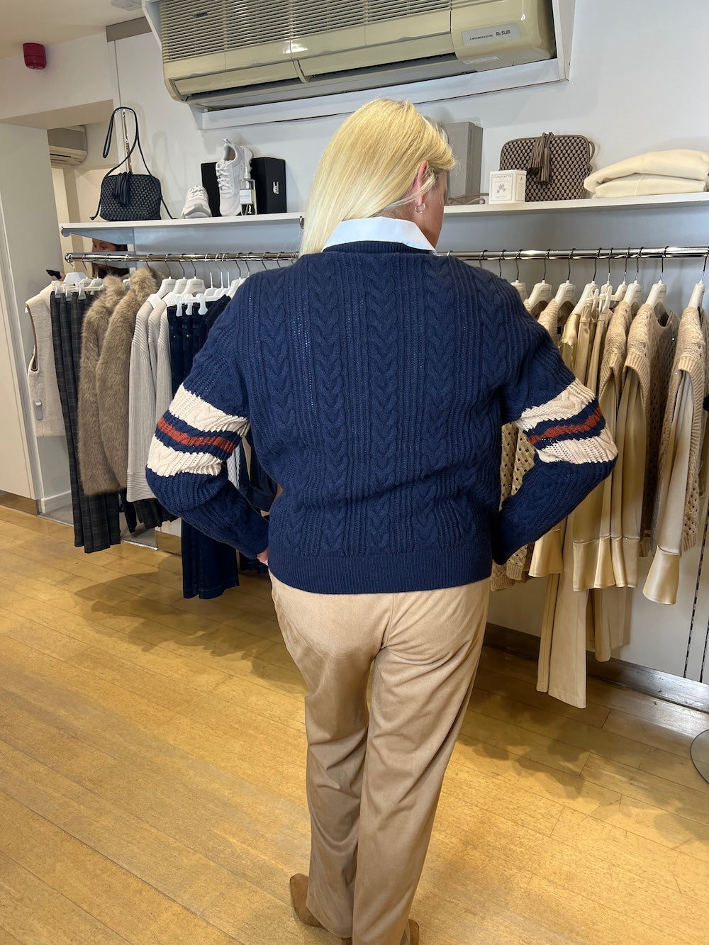 Blu Cable Knit Cashmere Sweater With Striped Elbows