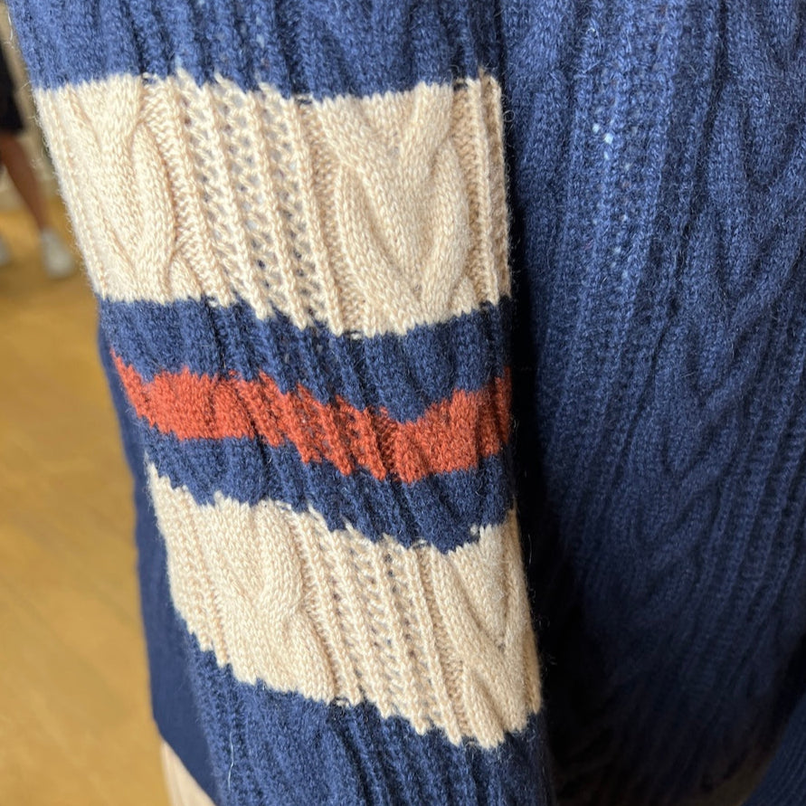 Blu Cable Knit Cashmere Sweater With Striped Elbows