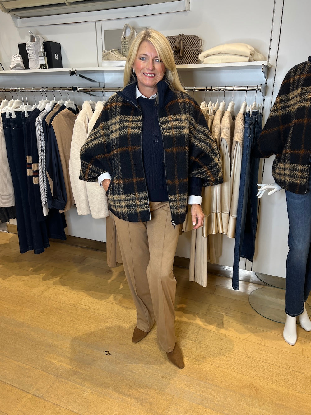 Navy Check Kimono Zipped Coat