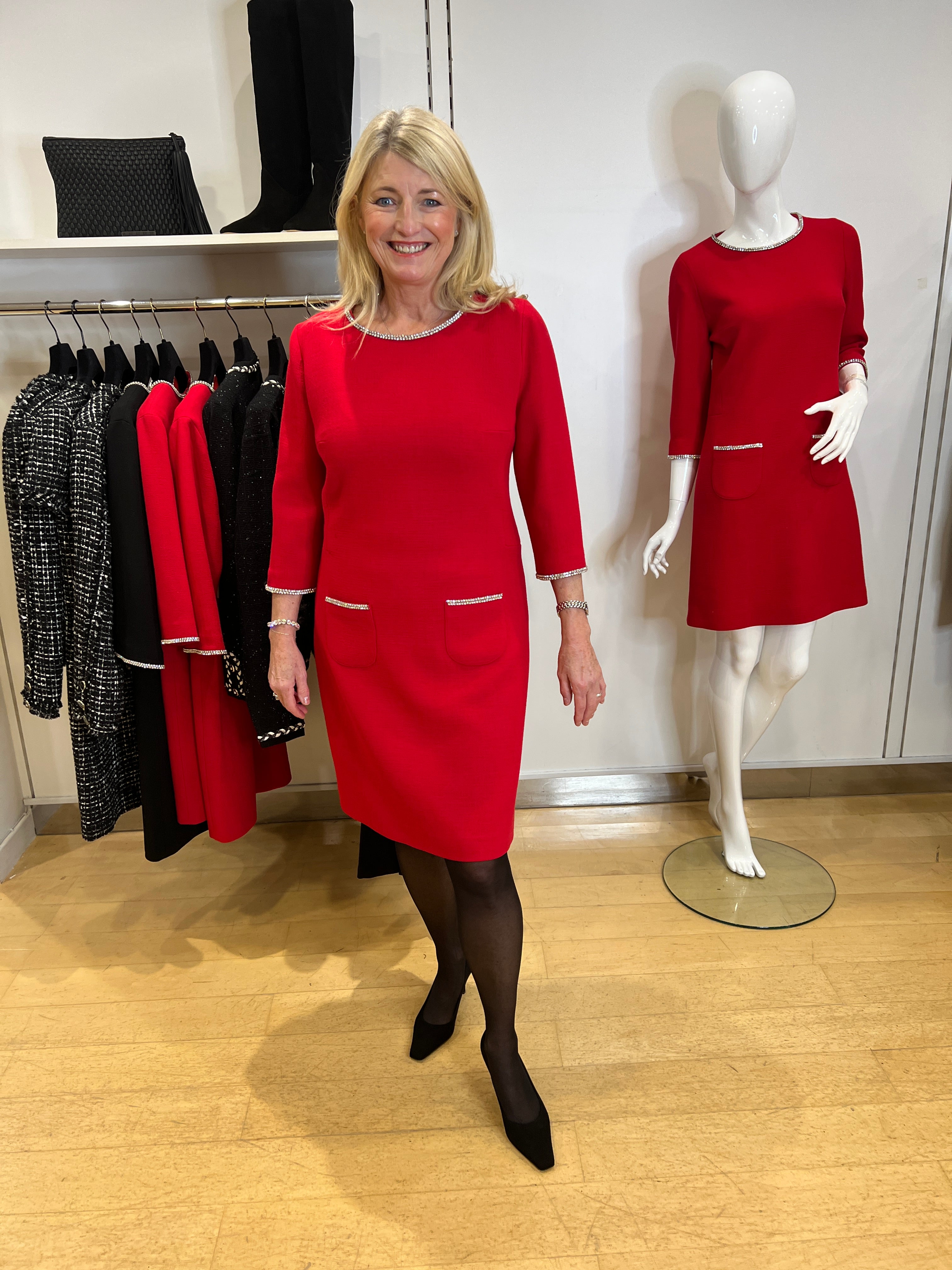 Carlen Rouge Rhinestone Wool Crepe Dress