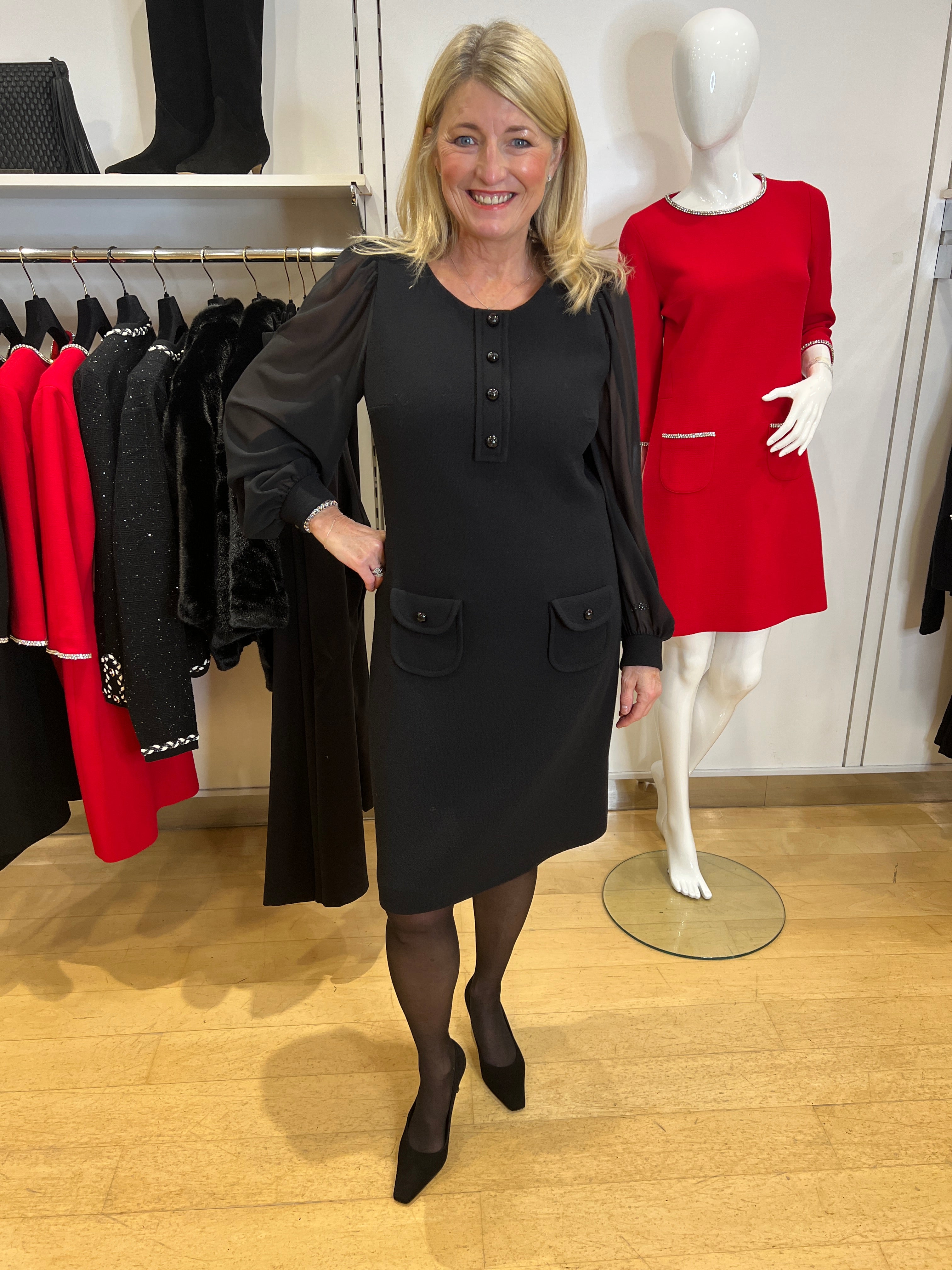 Carlen Noir Wool Crepe Dress With Voile Sleeves