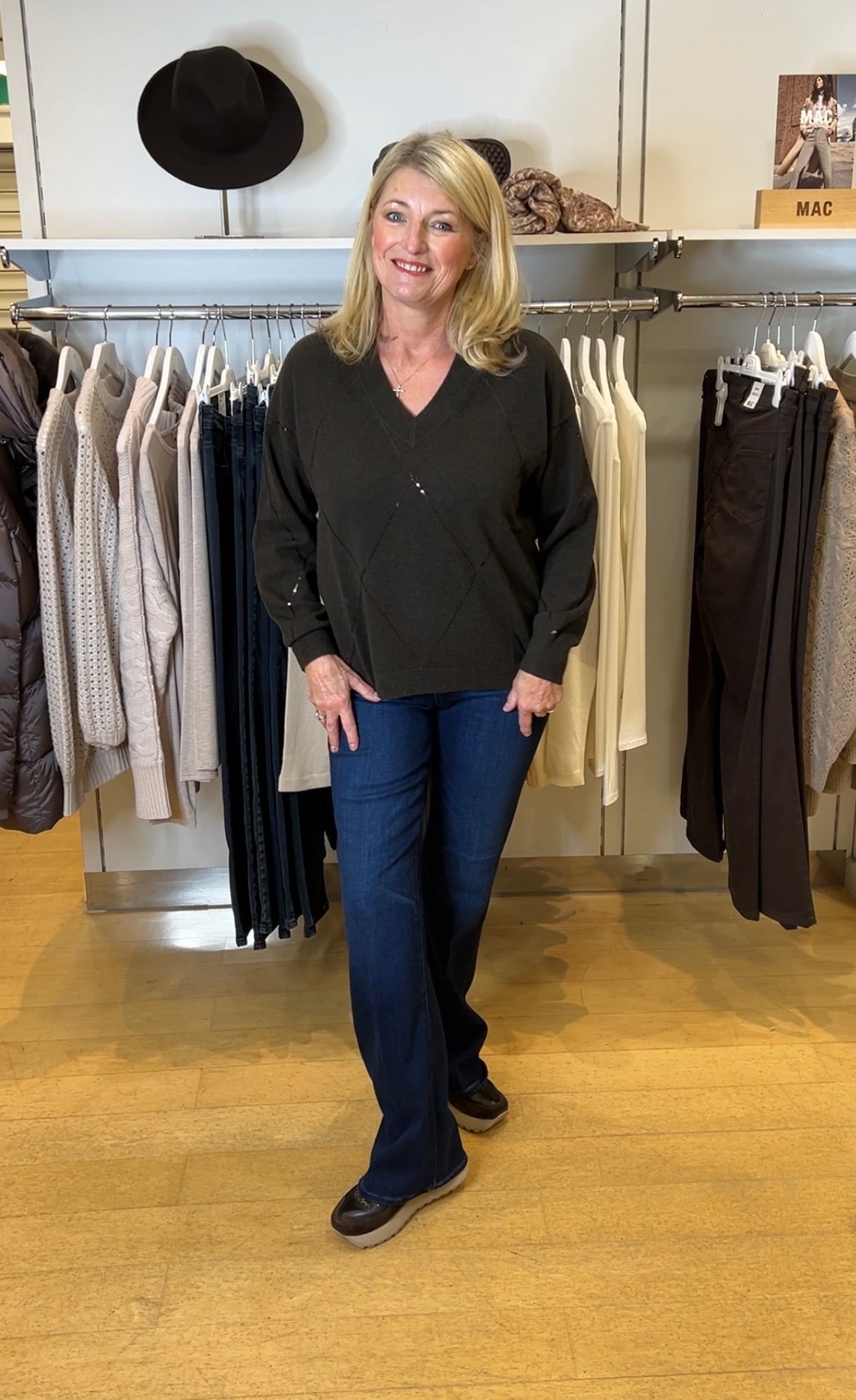 Dark Brown Sequin Diamond V-Neck Sweater