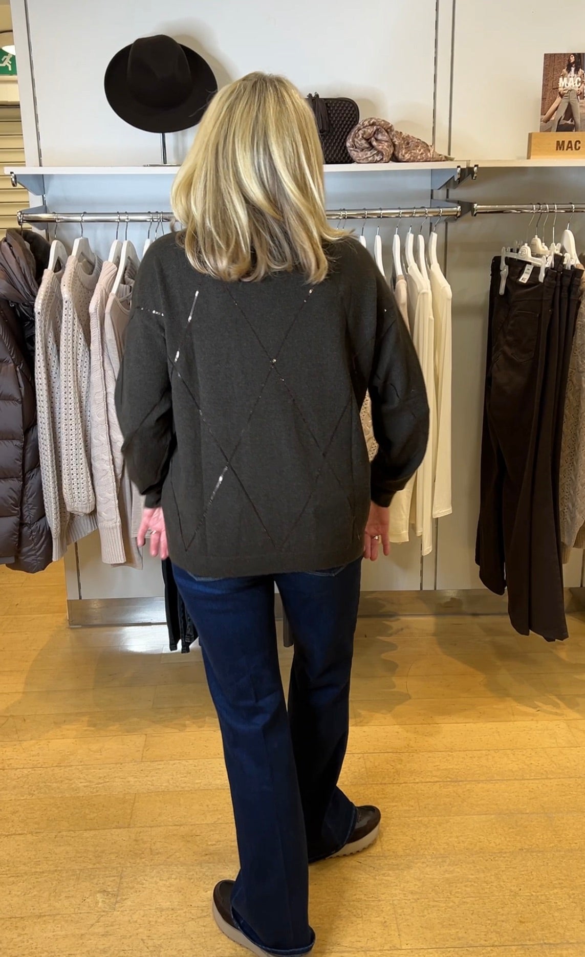 Dark Brown Sequin Diamond V-Neck Sweater