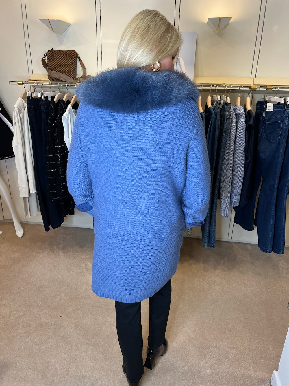 Ginka Ocean Blue Cardigan With Faux Fur Collar