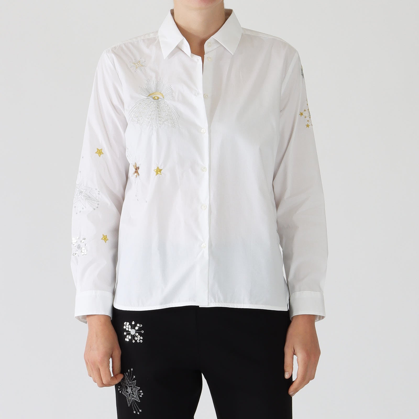 Isabella White Poplin Embroidered Sequin Shirt