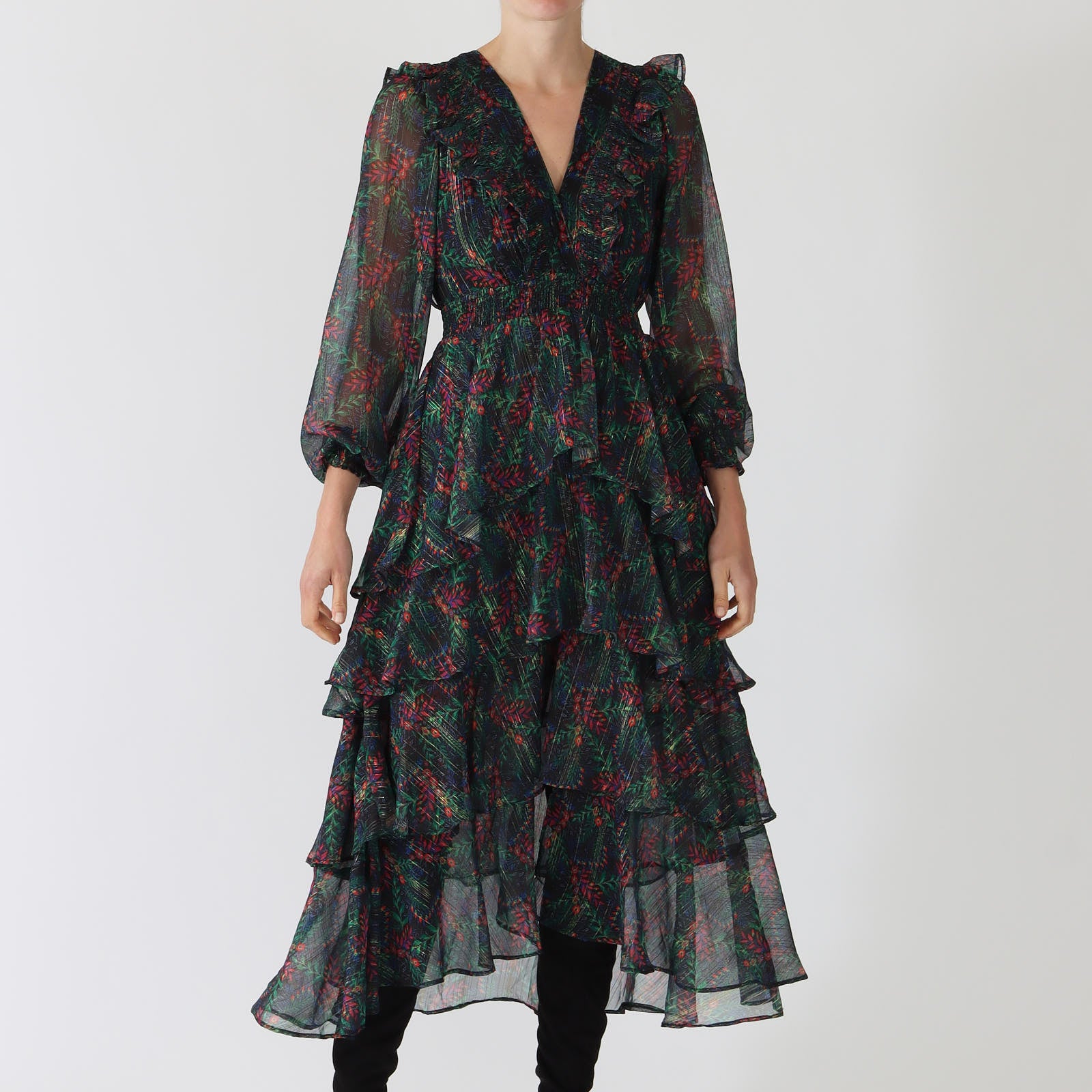 Jeanne Black Floral Print Lurex Tiered Midi Dress