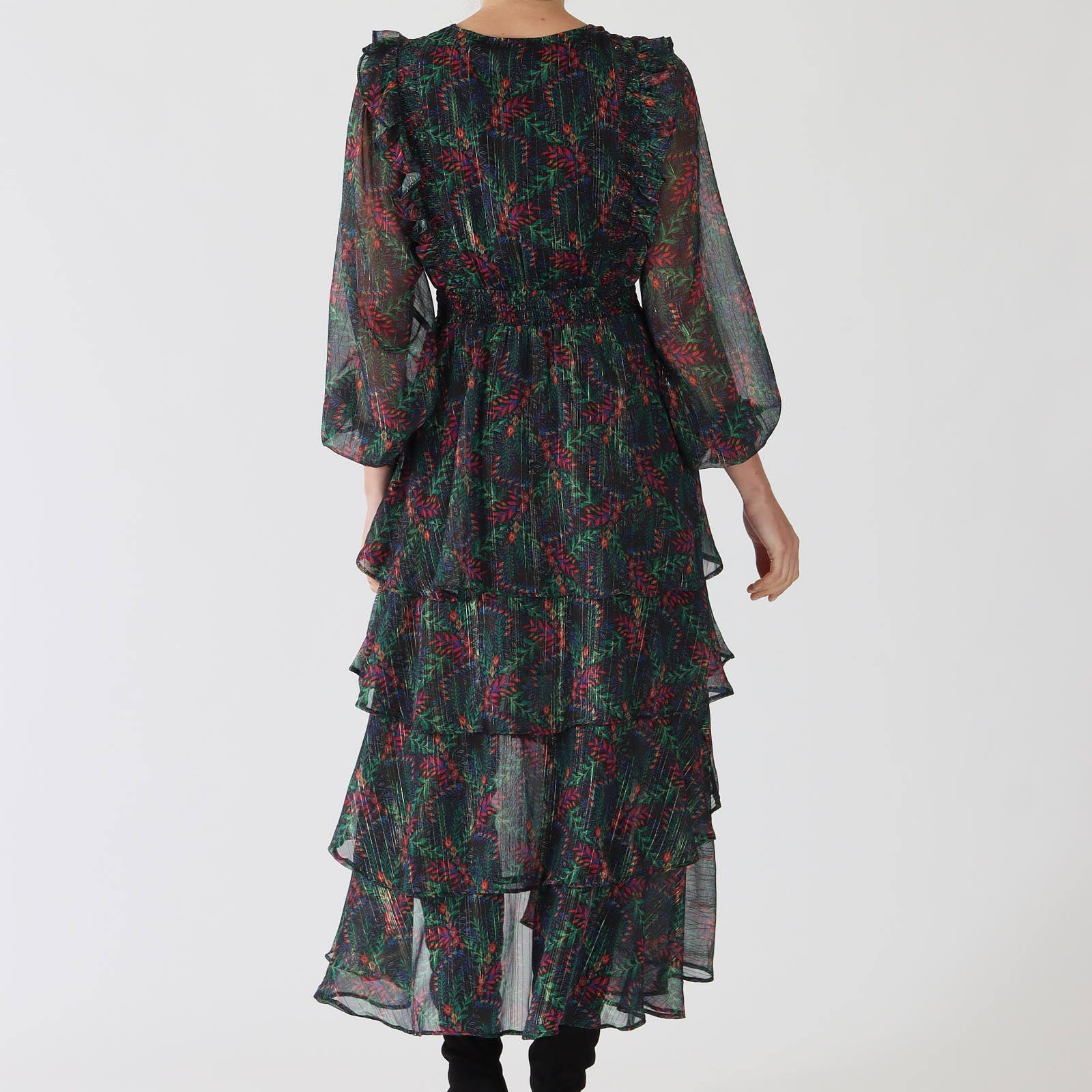 Jeanne Black Floral Print Lurex Tiered Midi Dress