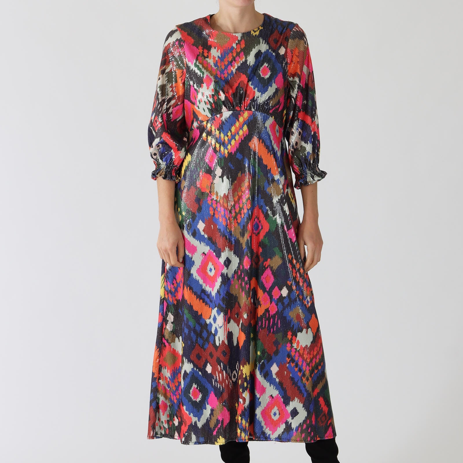 Kara Ikat Print Sequin Midi Dress