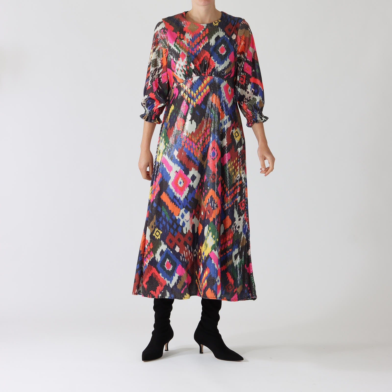 Kara Ikat Print Sequin Midi Dress
