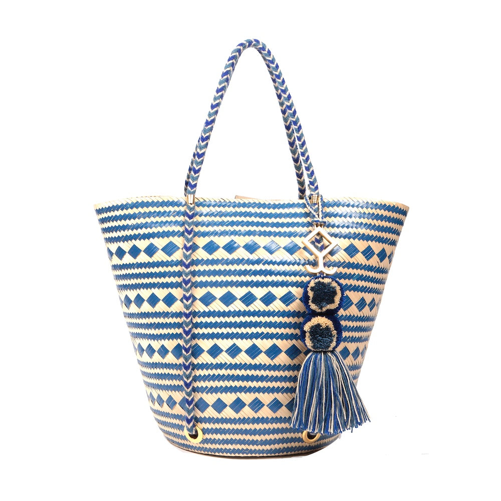 Karlota Natural Blue Geometric Straw Tote Bag