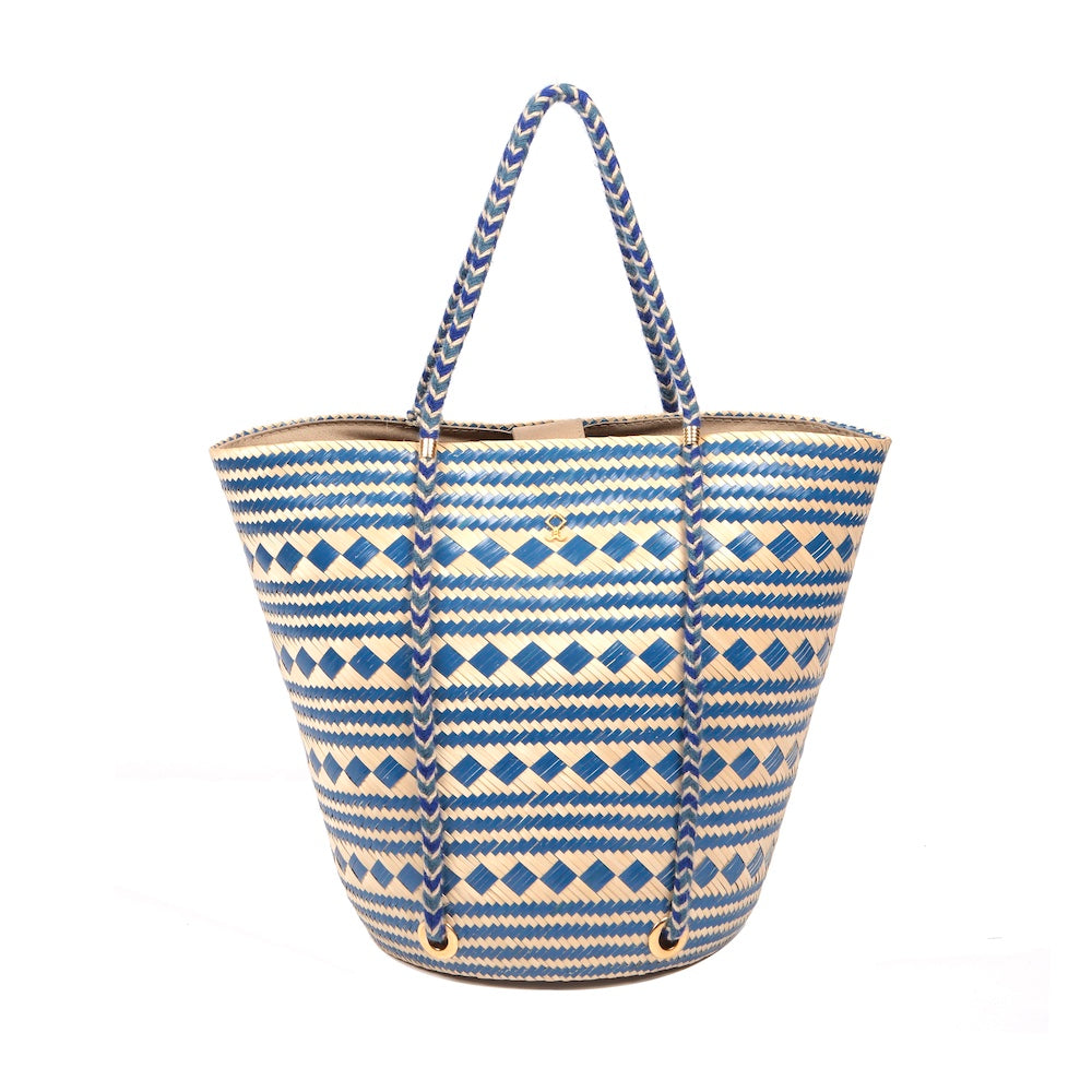 Karlota Natural Blue Geometric Straw Tote Bag