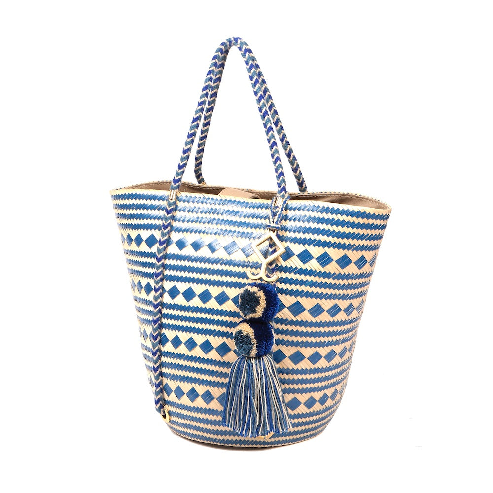 Karlota Natural Blue Geometric Straw Tote Bag