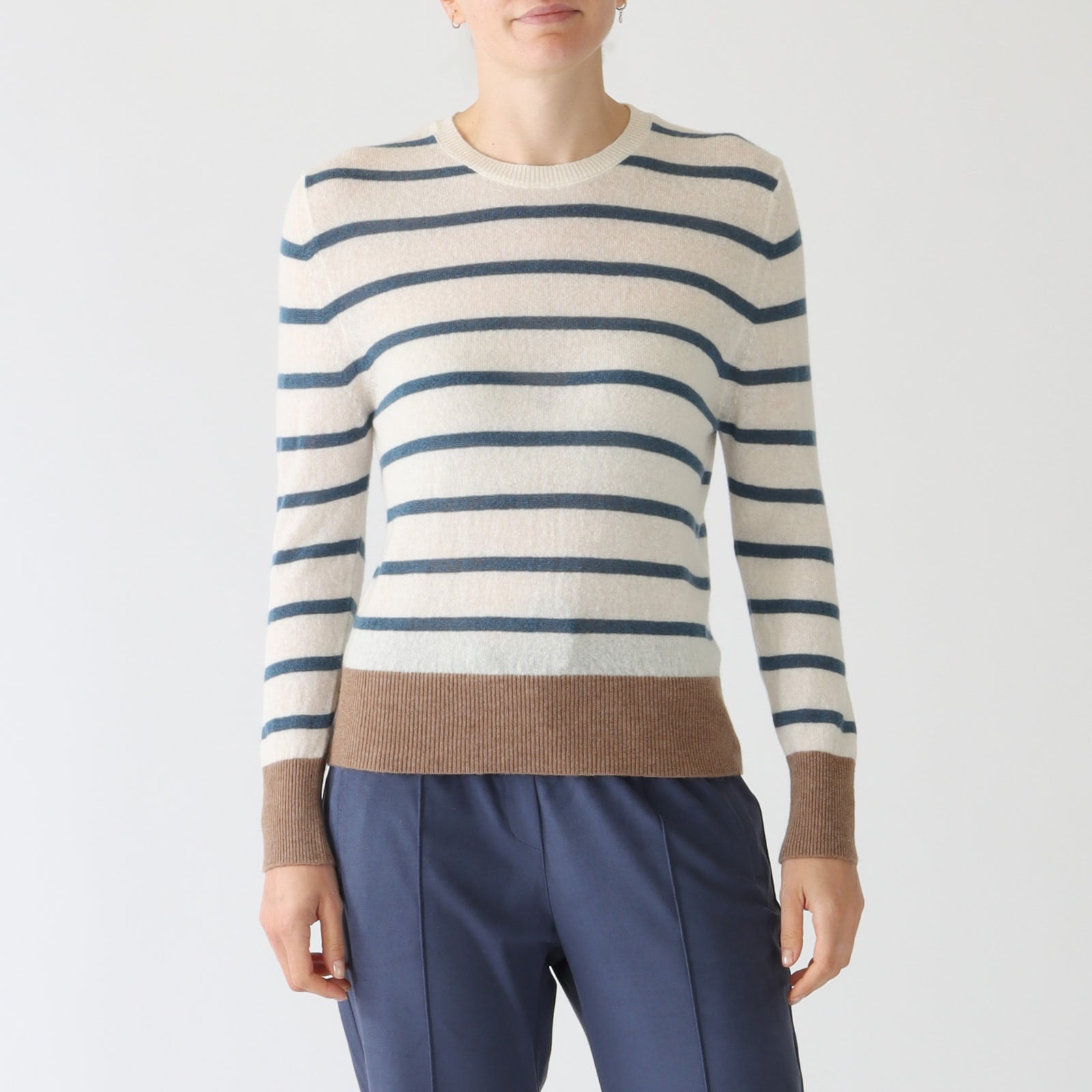 Latte, Denim & Cammello Striped Cashmere Sweater