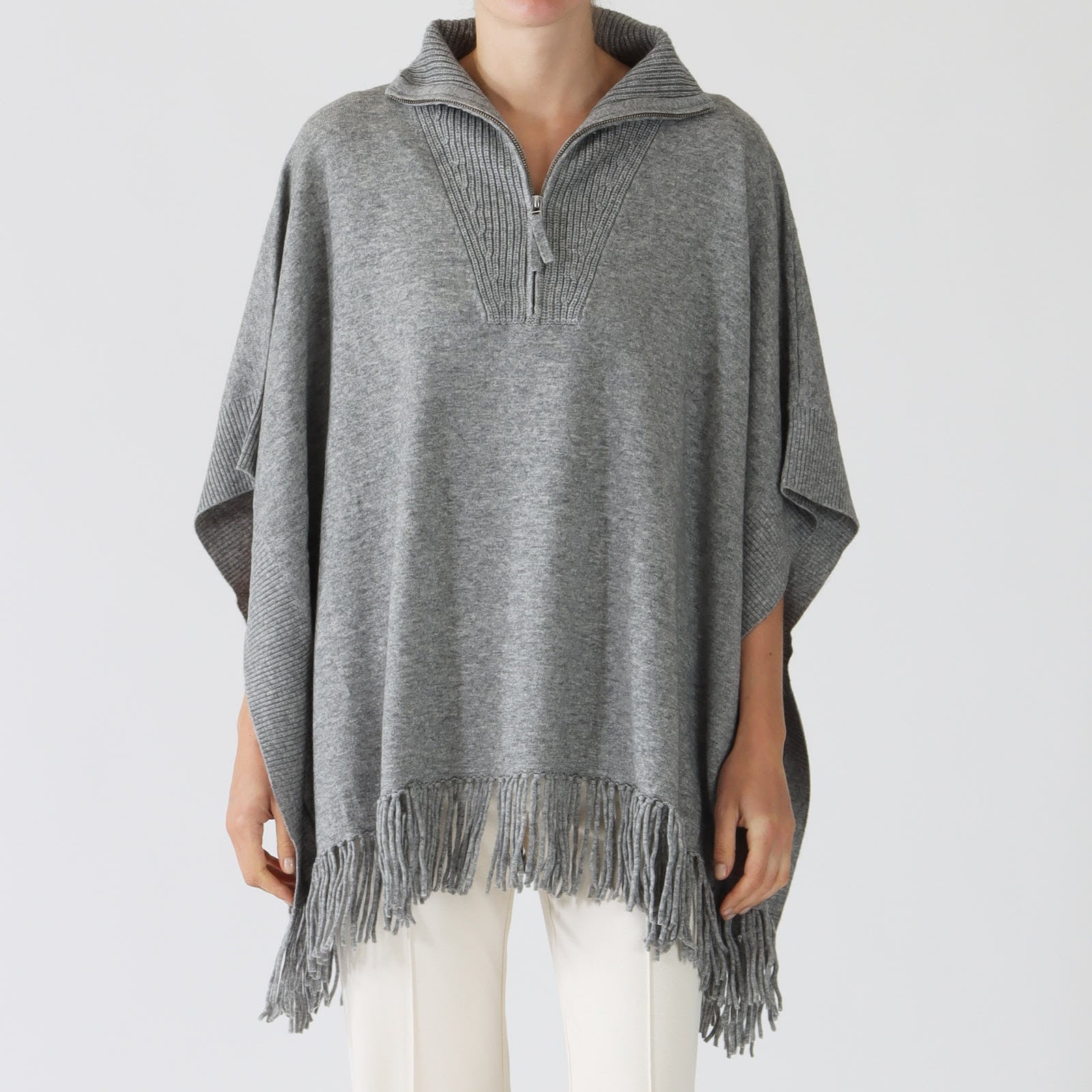 Light Grey Fringed Poncho With Zip-Up Collar