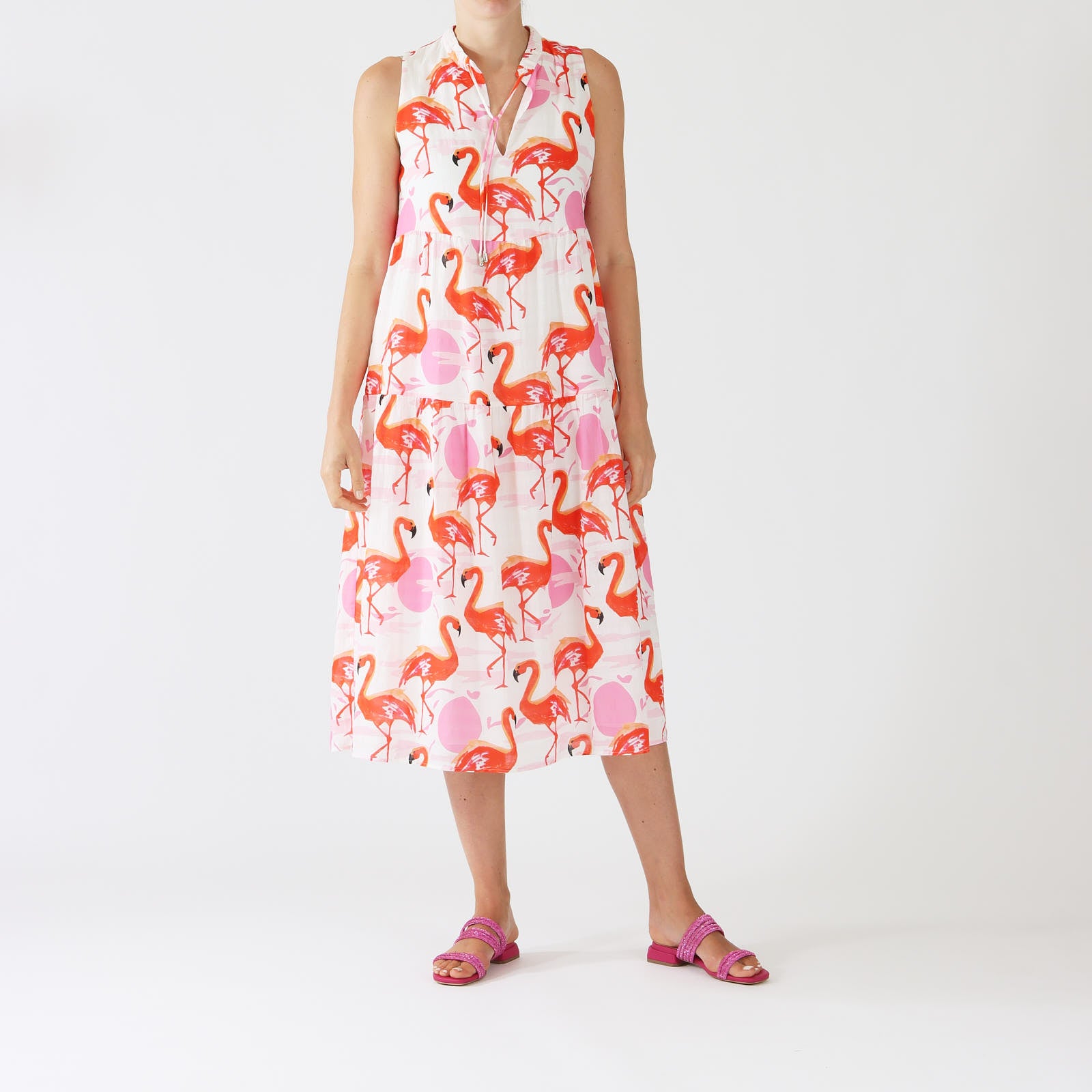 Lip Gloss Flamingo Print Cotton Midi Dress