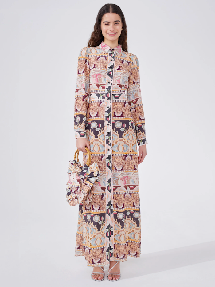 Lotus Tiger Printed Silk Maxi Shirt Dress