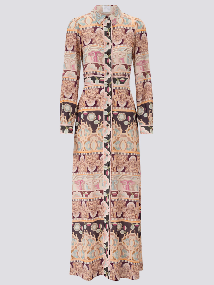 Lotus Tiger Printed Silk Maxi Shirt Dress