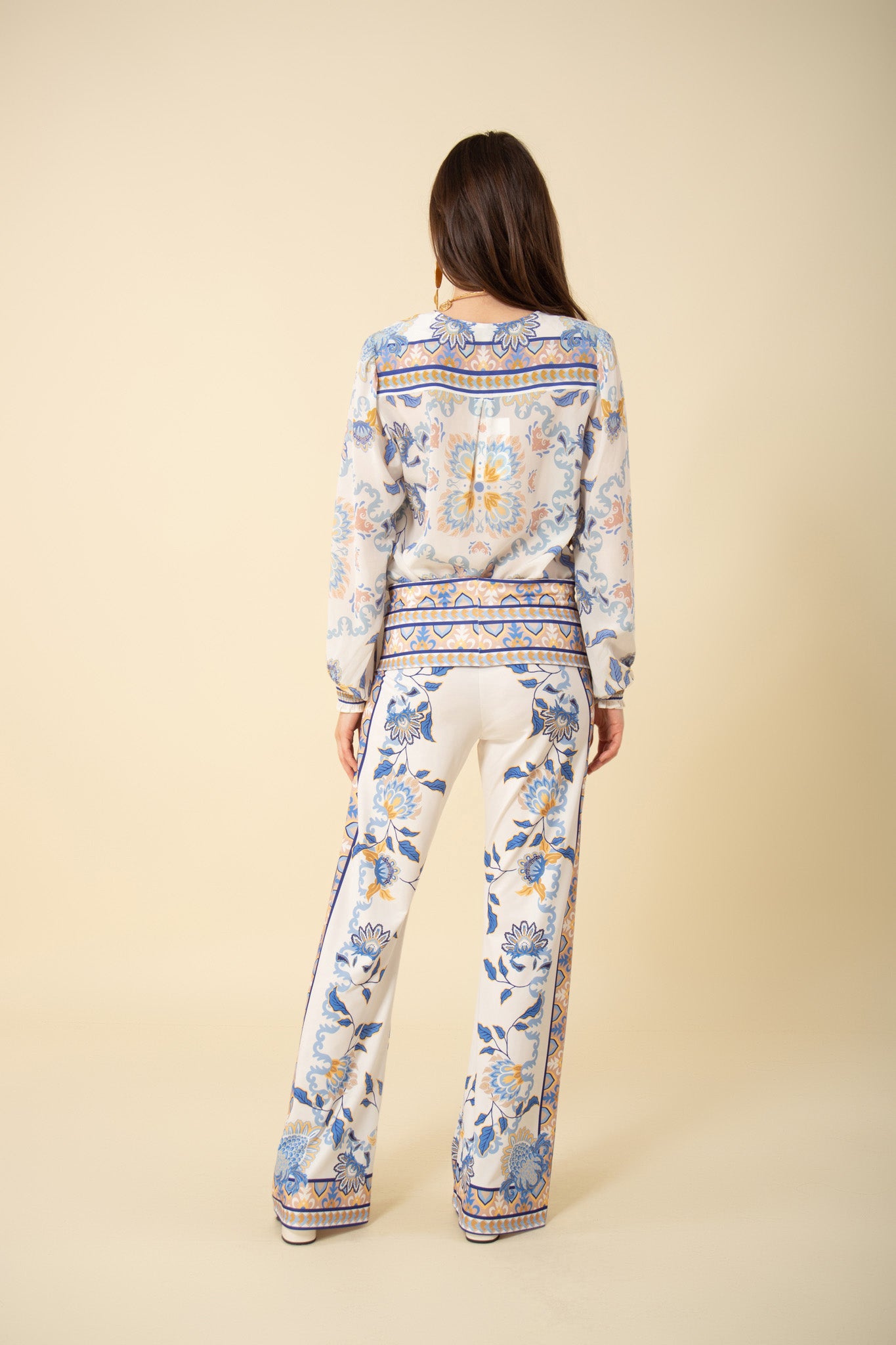 Madelyn Ivory Printed Jersey Foldover Pants