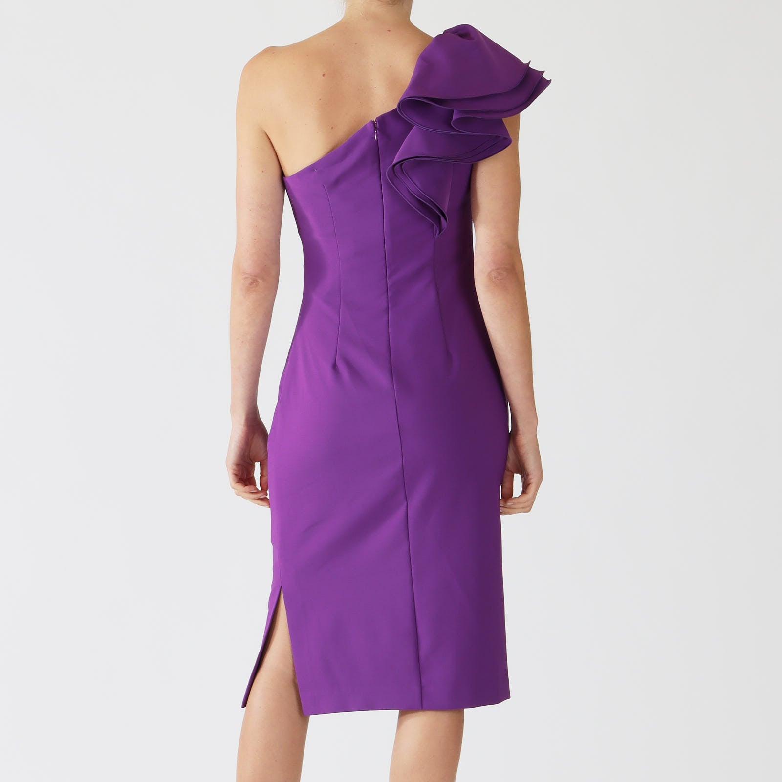 Magesty Purple Ruffle Shoulder Asymmetric Dress