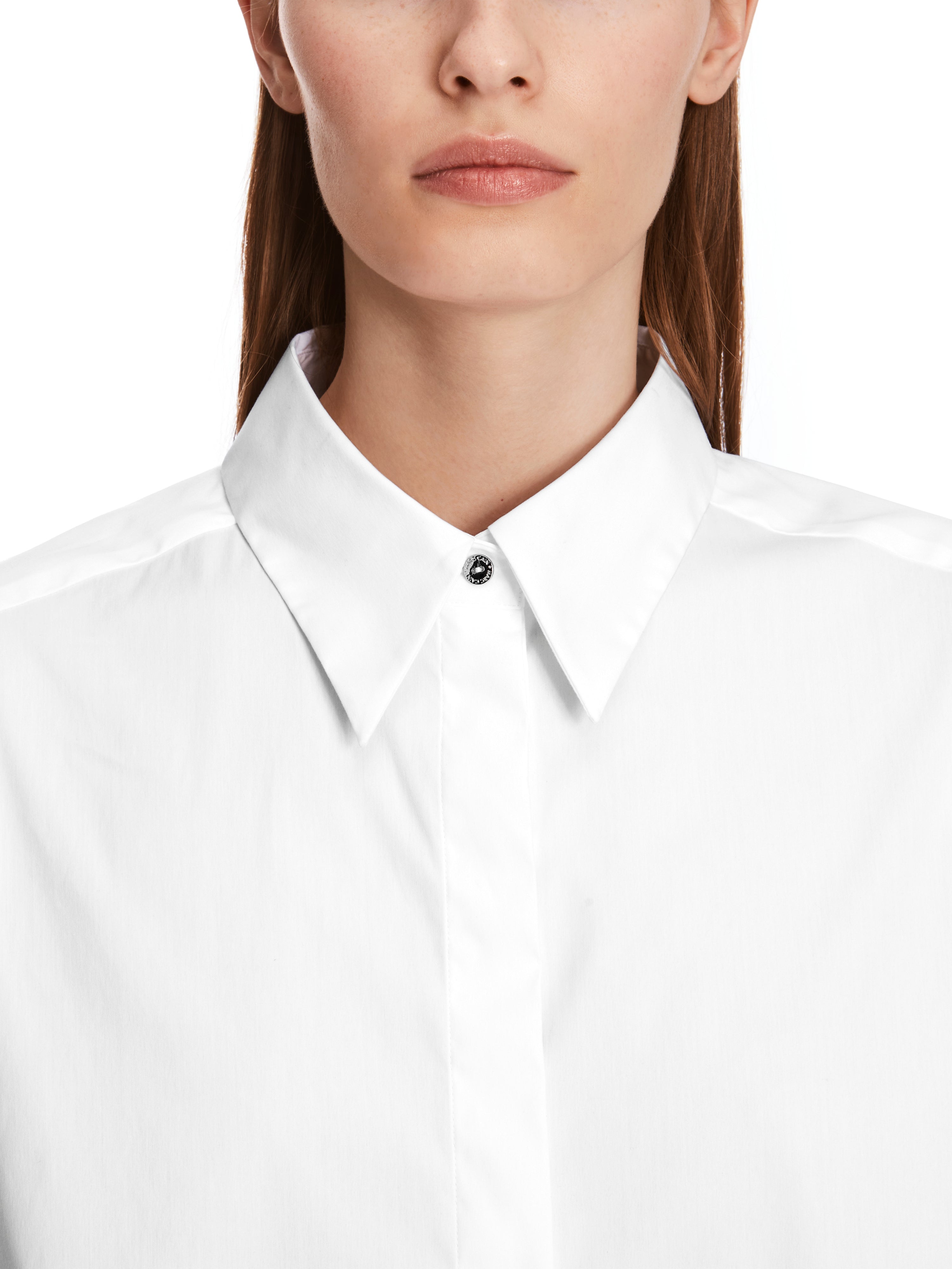 White Rhinestone Trim Stretch Cotton Blouse