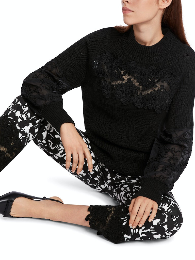 Black Cashmere Blend Sweater With Lace Inserts
