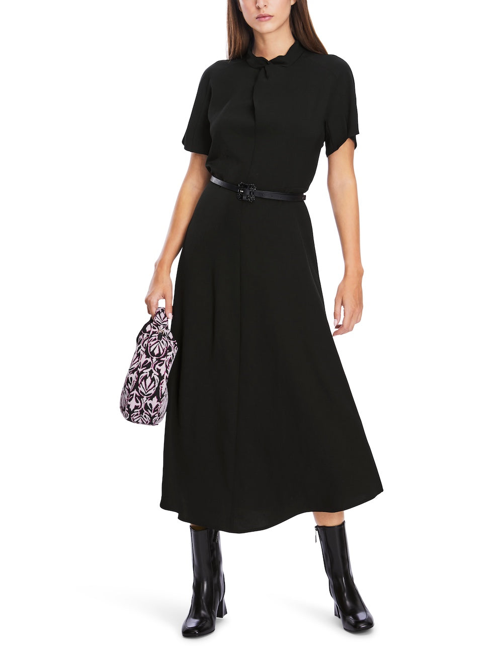 Black Twist Neck A-Line Midi Dress