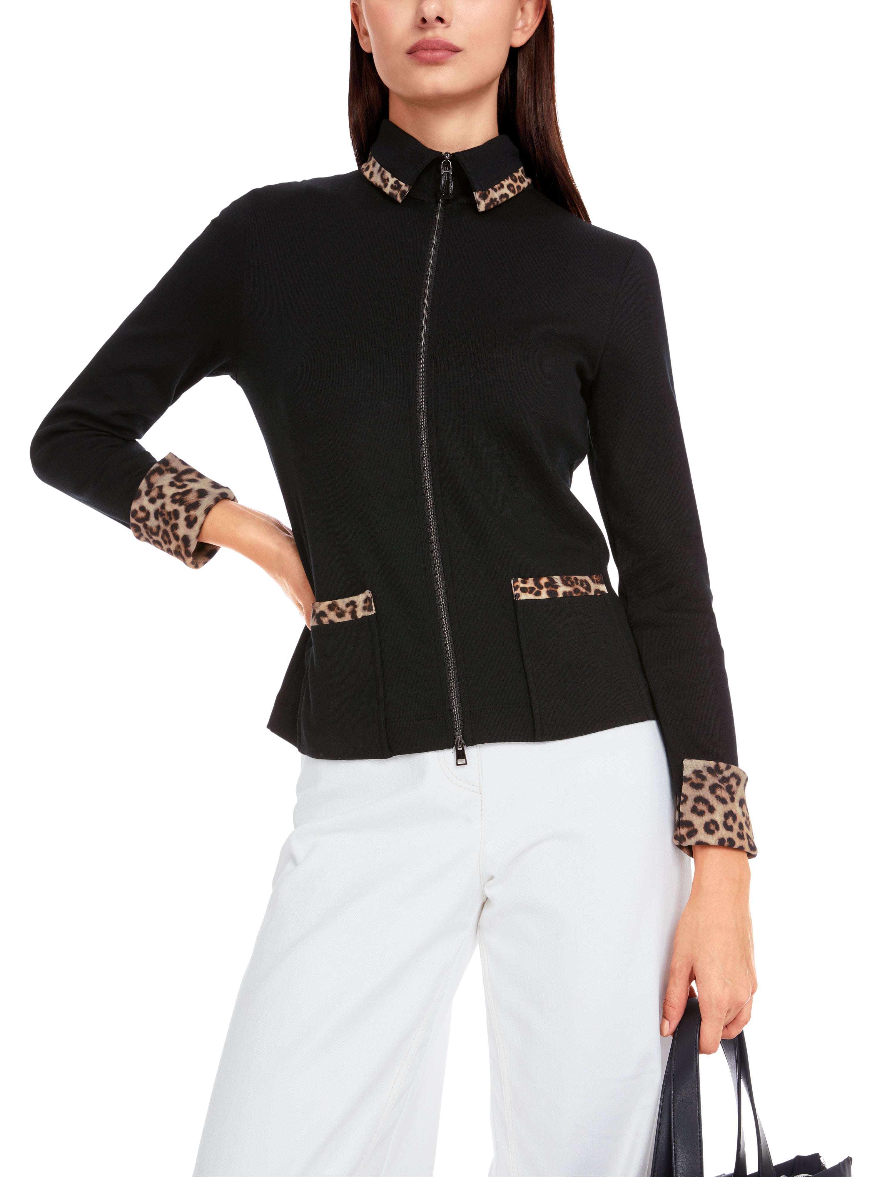 Black Leopard Print Trim Zip Jacket